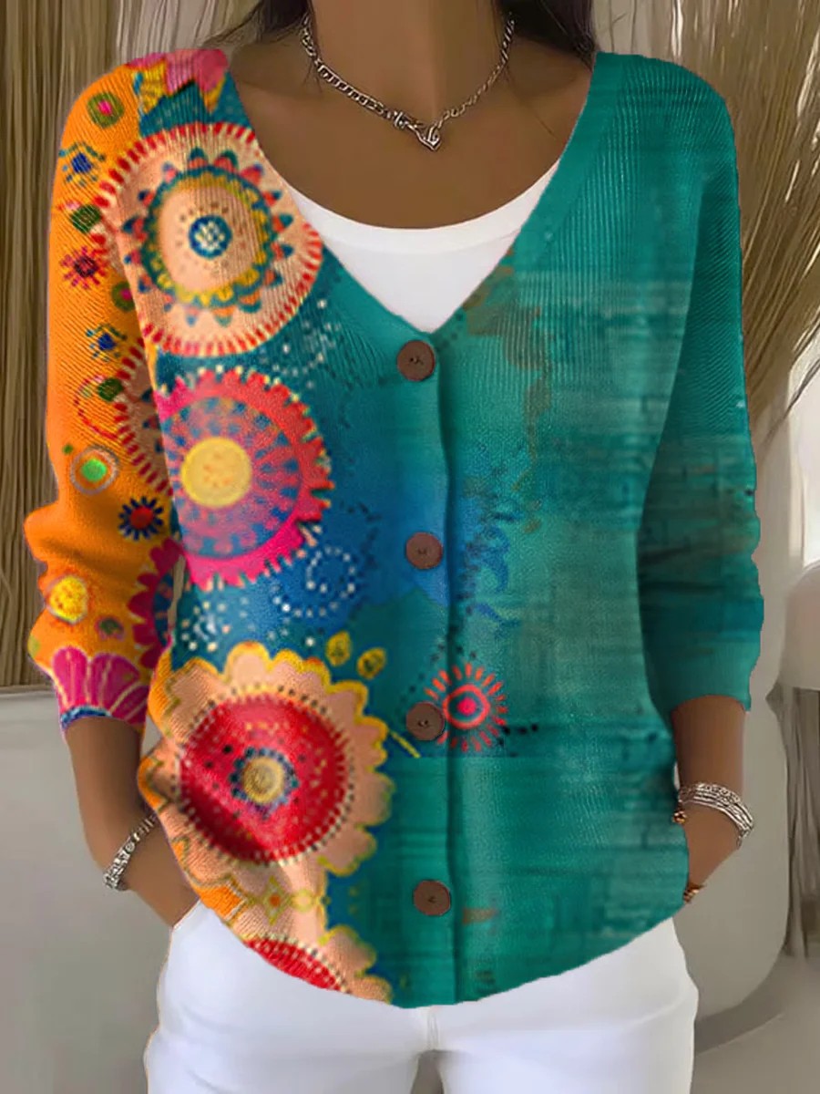 Womens Boho Floral Cardigan V-Neck Button-Up Sweater Outerwear Knited Sweater